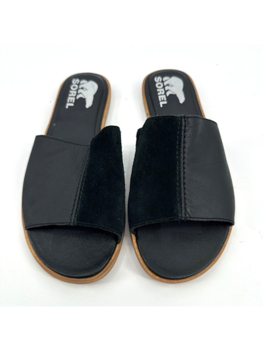 SOREL Ella 6.5 Block Black Leather women’s SLIP ON‎ slide sandals lugg sole - Picture 2 of 8